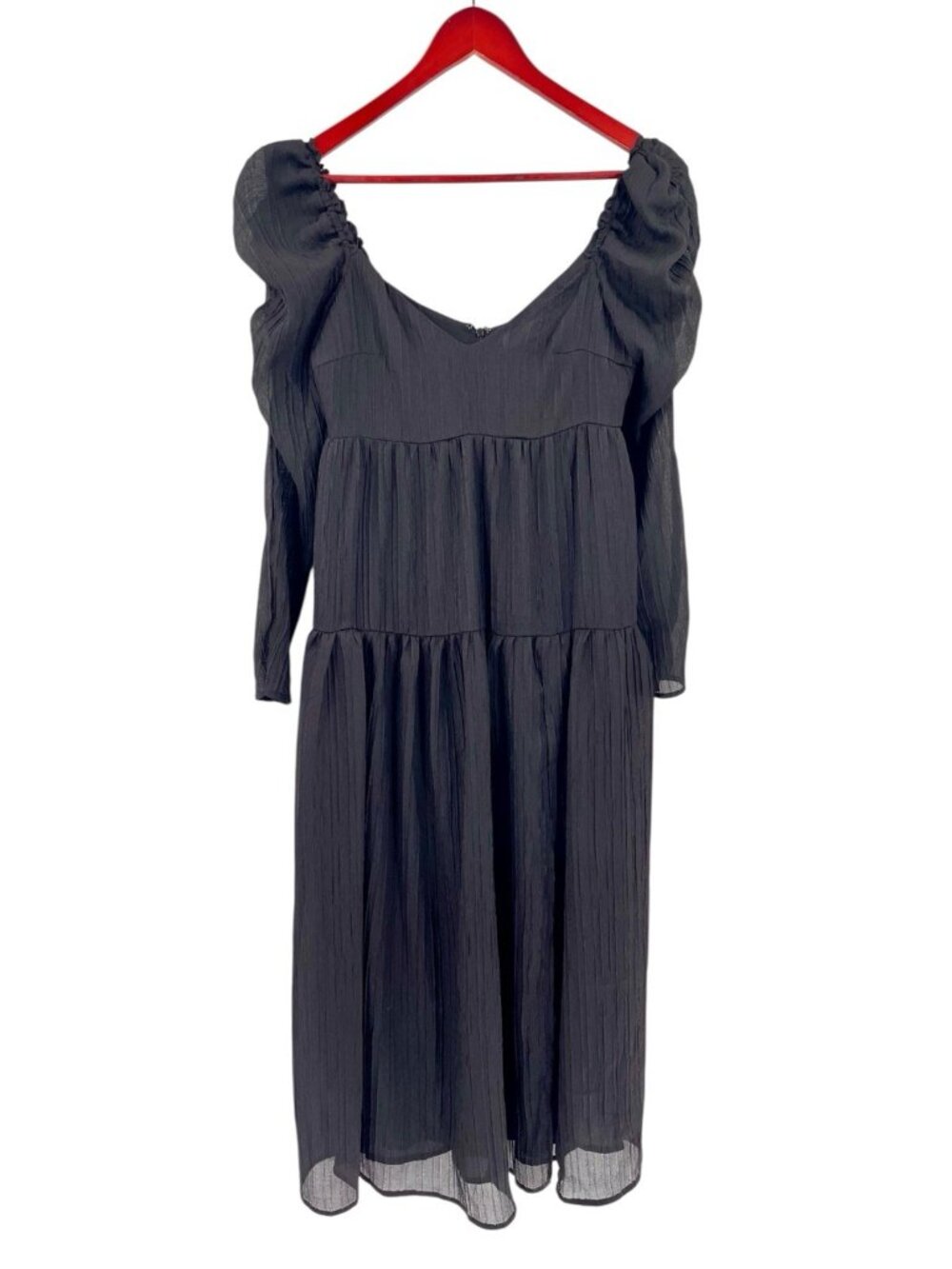 ASTR THE LABEL Women's Black Crinkle Rib Puff Shoulder L/S Tiered Dress XS